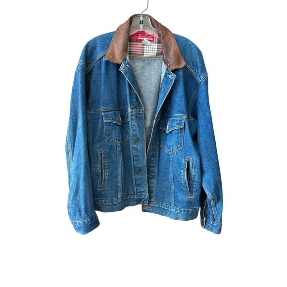 Vintage Marlboro Country Store Jacket Mens Large Blue Denim Leather Collar 90s
